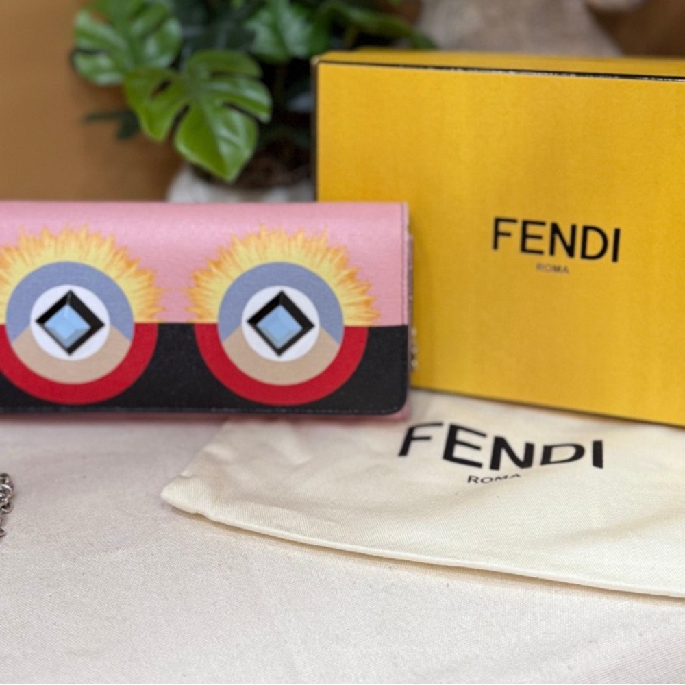 Authentic Fendi Monster Continental Wallet on Chain Leather Pink, Print With Box